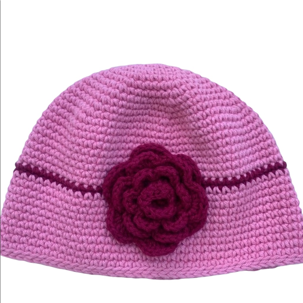 Crochet Handmade Pink Hat With Burgundy Flower Girl One Size